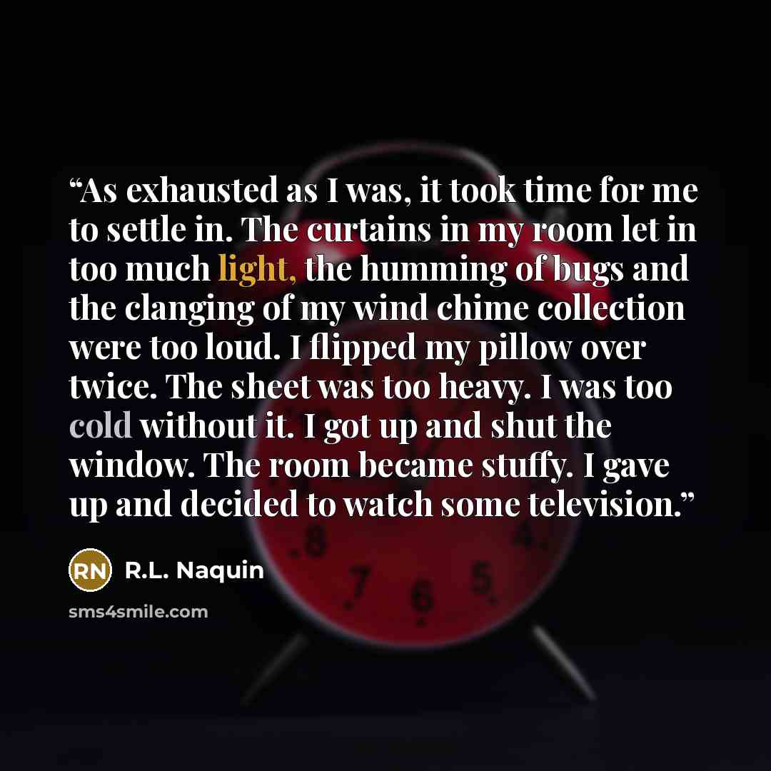 “As exhausted as I was, it took time for me to settle in. The curtains in my room let in too much light, the humming of bugs and the clanging of my wind chime collection were too loud. I flipped my pillow over twice. The sheet was too heavy. I was too cold without it. I got up and shut the window…” quote by R.L. Naquin
