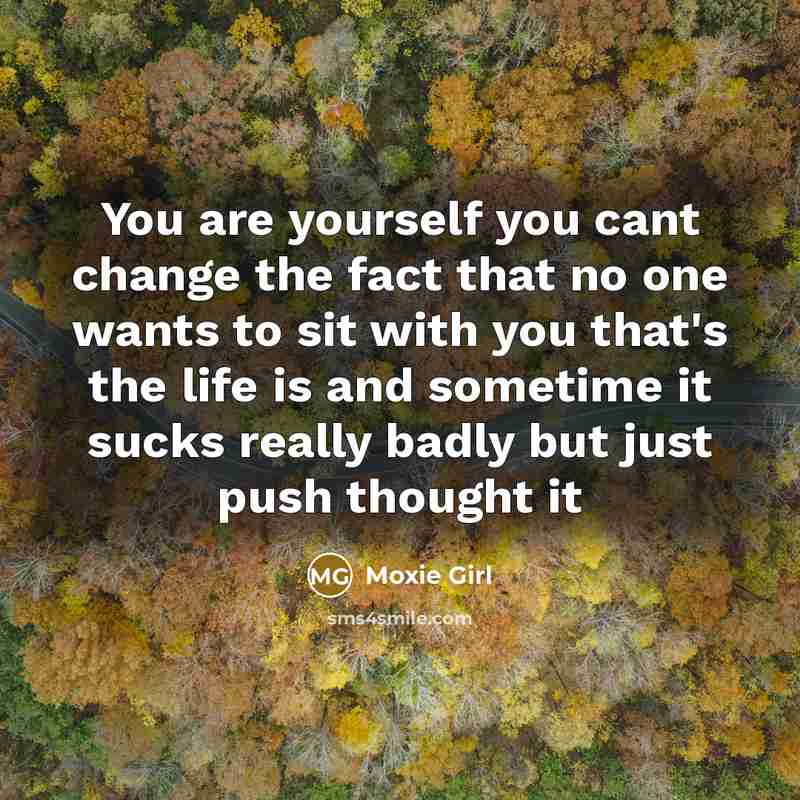 “You are yourself you cant change the fact that no one wants to sit with you that's the life is and sometime it sucks really badly but just push thought it” quote by Moxie Girl