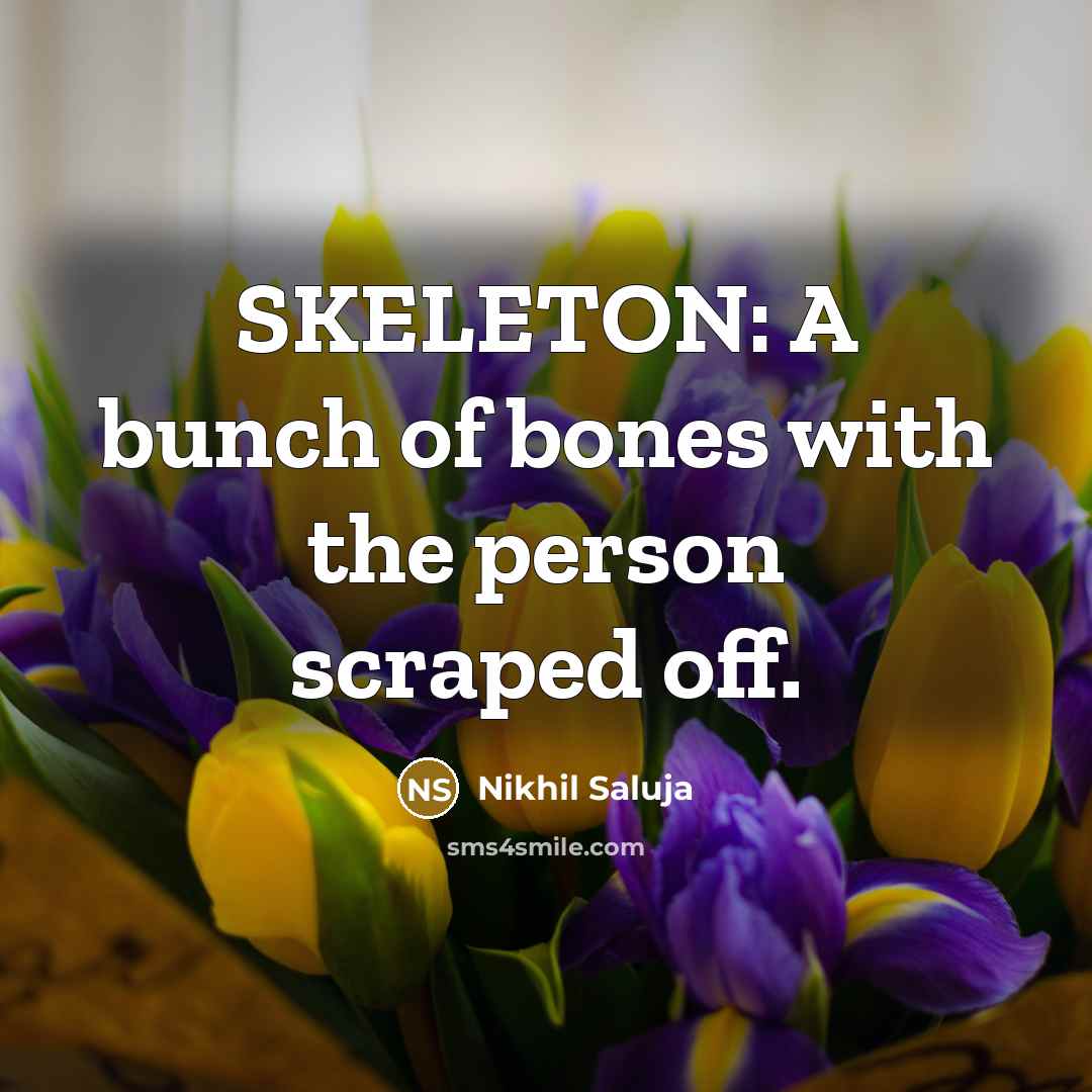 “SKELETON: A bunch of bones with the person scraped off.…” quote by Nikhil Saluja