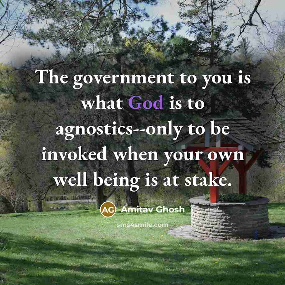 “The government to you is what God is to agnostics--only to be invoked when your own well being is at stake.” quote by Amitav Ghosh