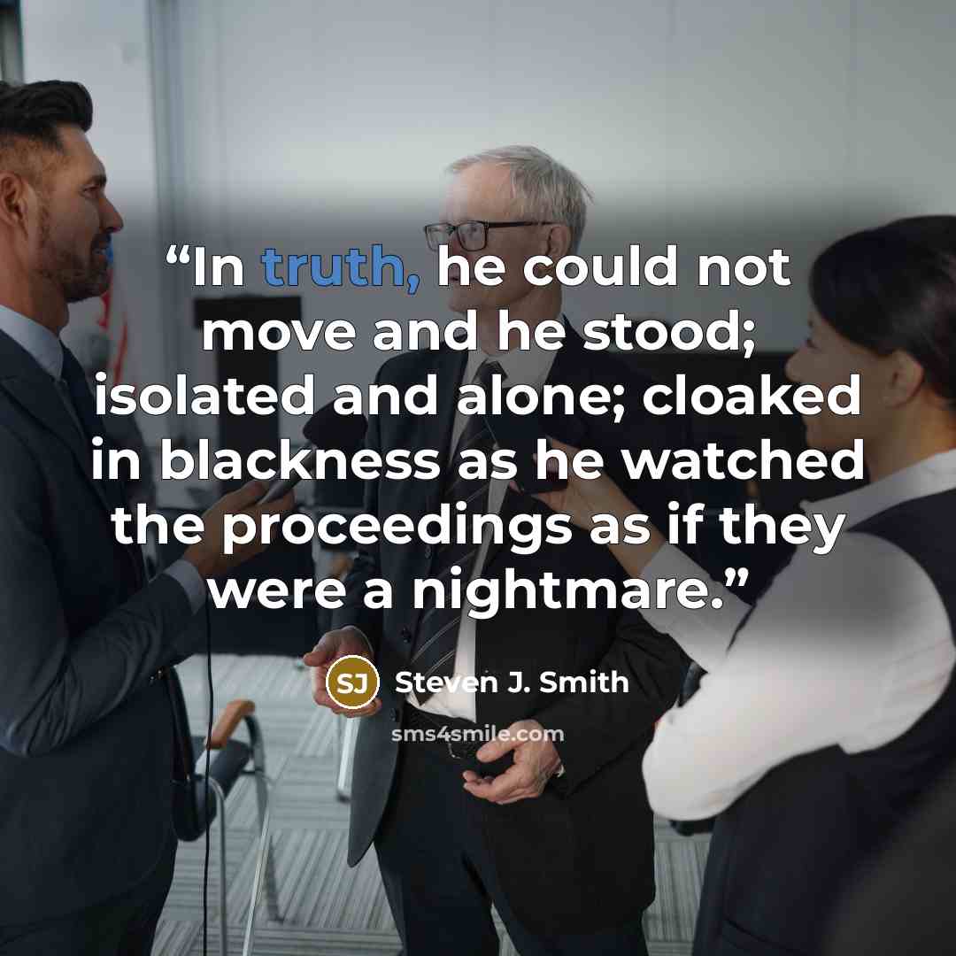 “In truth, he could not move and he stood; isolated and alone; cloaked in blackness as he watched the proceedings as if they were a nightmare.” quote by Steven J. Smith