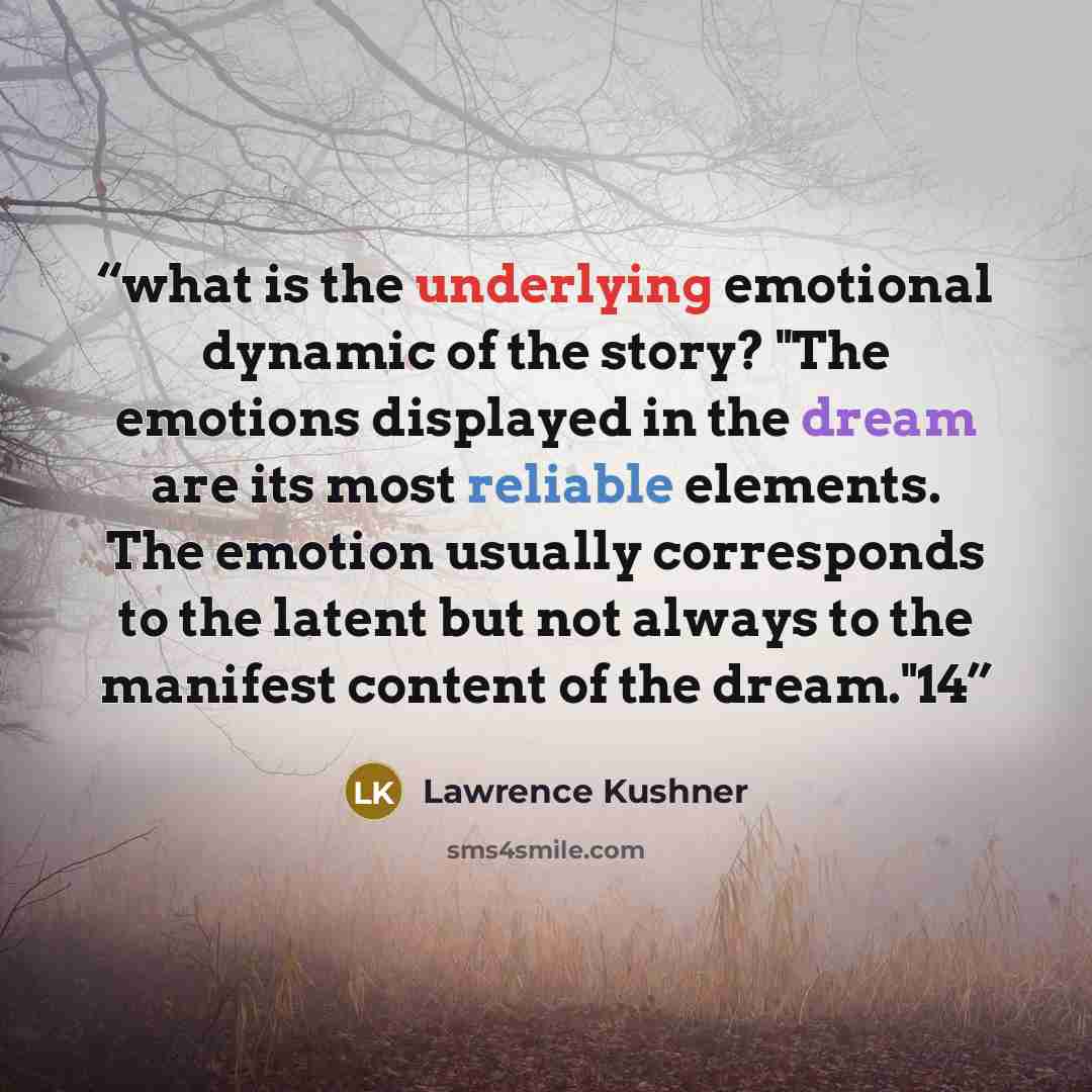 “what is the underlying emotional dynamic of the story? "The emotions displayed in the dream are its most reliable elements. The emotion usually corresponds to the latent but not always to the manifest content of the dream."14” quote by Lawrence Kushner