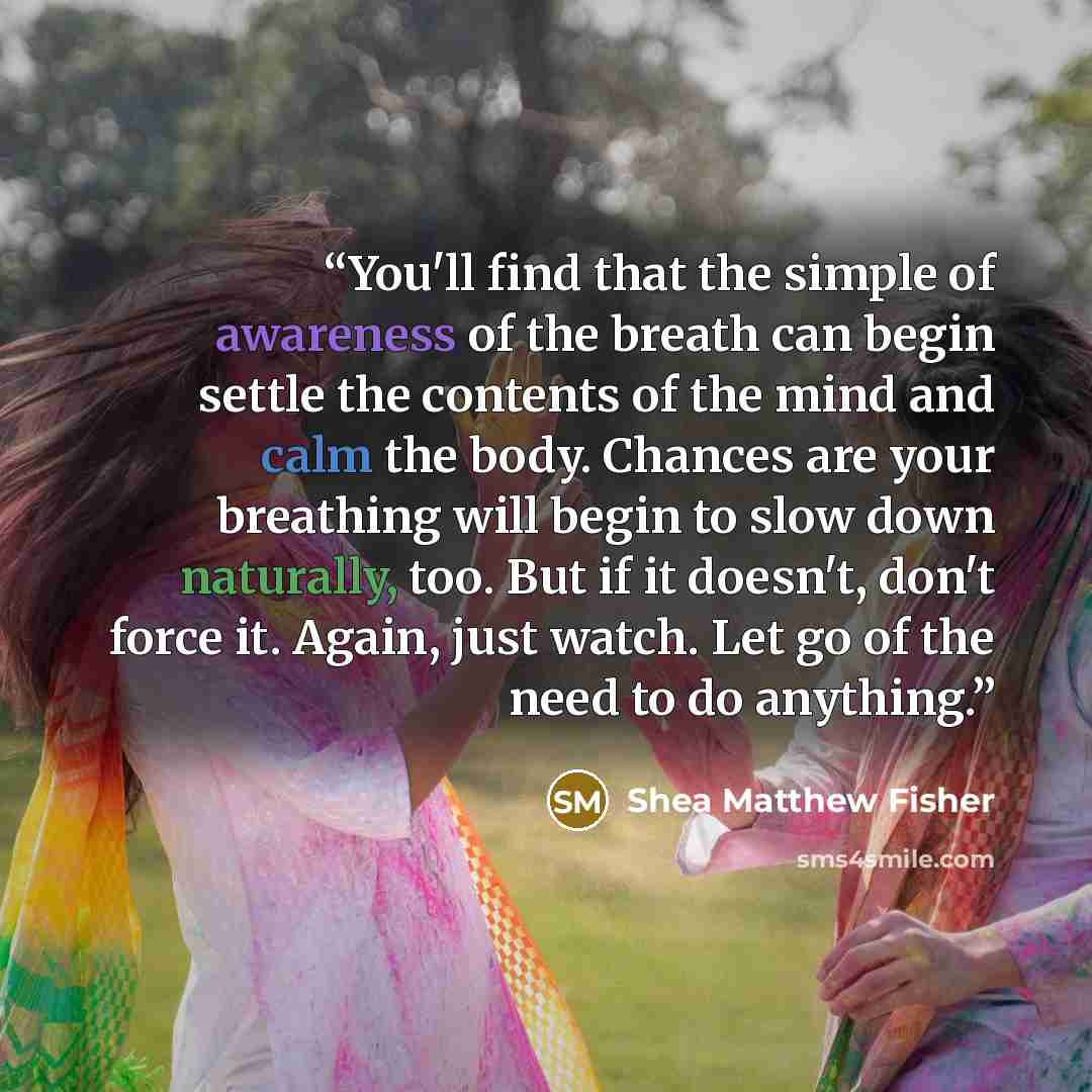 “You'll find that the simple of awareness of the breath can begin settle the contents of the mind and calm the body. Chances are your breathing will begin to slow down naturally, too. But if it doesn't, don't force it. Again, just watch. Let go of the need to do anything.” quote by Shea Matthew Fisher