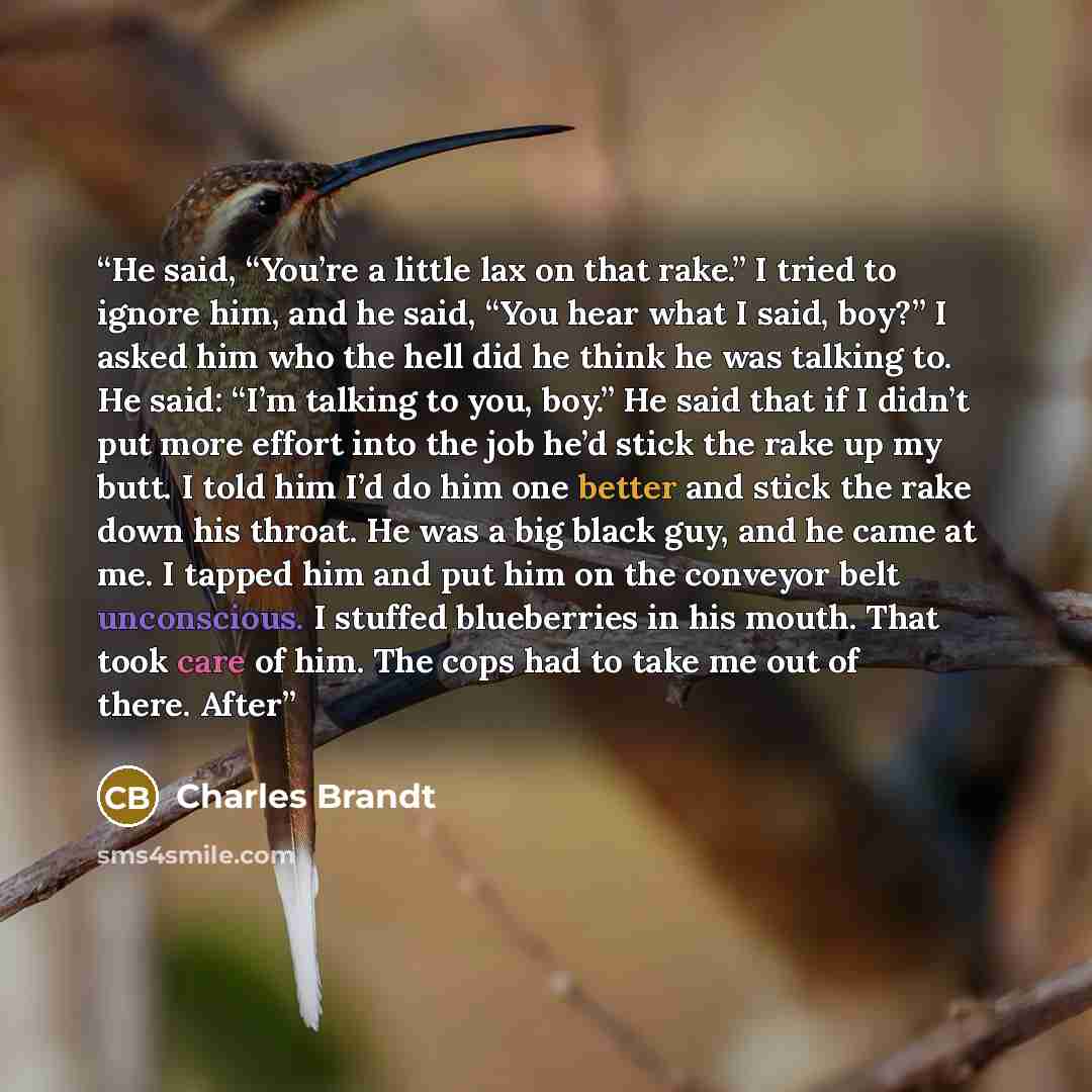 “He said, “You’re a little lax on that rake.” I tried to ignore him, and he said, “You hear what I said, boy?” I asked him who the hell did he think he was talking to. He said: “I’m talking to you, boy.” He said that if I didn’t put more effort into the job he’d stick the rake up my butt. I told…” quote by Charles Brandt