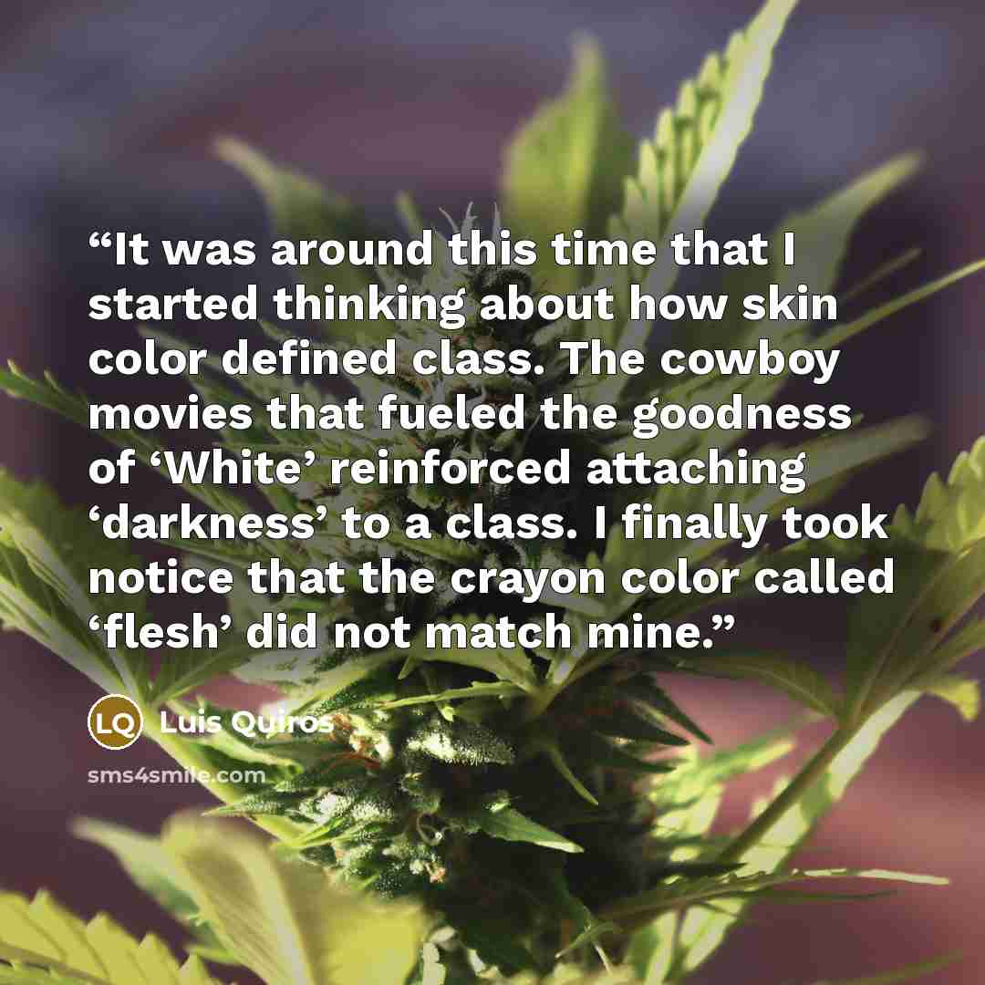 “It was around this time that I started thinking about how skin color defined class. The cowboy movies that fueled the goodness of ‘White’ reinforced attaching ‘darkness’ to a class. I finally took notice that the crayon color called ‘flesh’ did not match mine.” quote by Luis Quiros