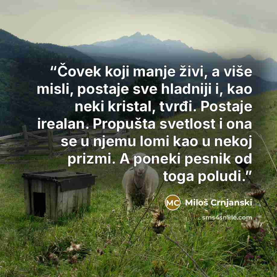 “Čovek koji manje živi, a više misli, postaje sve hladniji i, kao neki kristal, tvrđi. Postaje irealan. Propušta svetlost i ona se u njemu lomi kao u nekoj prizmi. A poneki pesnik od toga poludi.” quote by Miloš Crnjanski