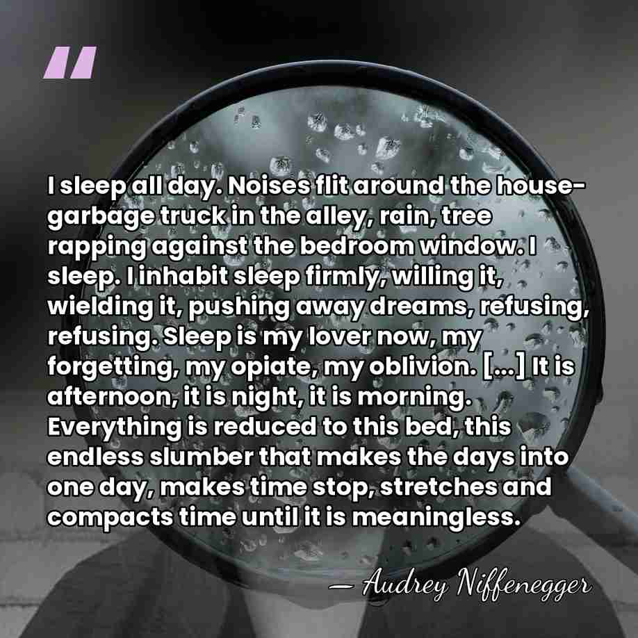 I sleep all day. Noises flit around the house- garbage truck in&hellip; - Audrey Niffenegger