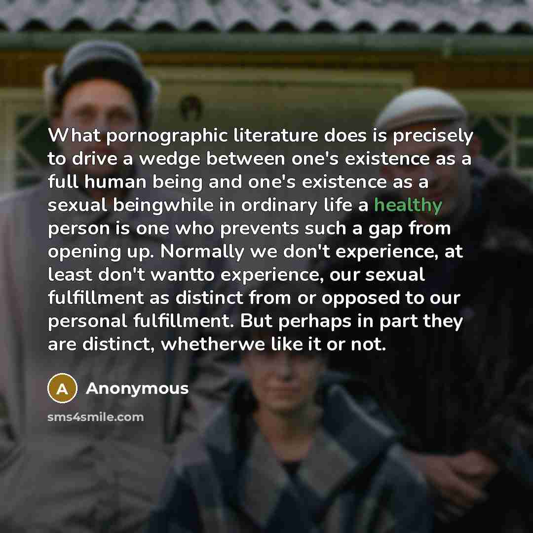 “What pornographic literature does is precisely to drive a wedge between one's existence as a full human being and one's existence as a sexual beingwhile in ordinary life a healthy person is one who prevents such a gap from opening up. Normally we don't experience, at least don't wantto experience…” quote by Anonymous