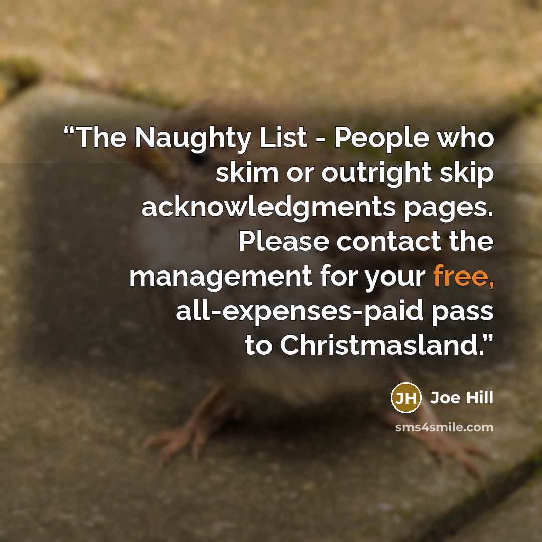 “The Naughty List - People who skim or outright skip acknowledgments pages. Please contact the management for your free, all-expenses-paid pass to Christmasland.” quote by Joe Hill