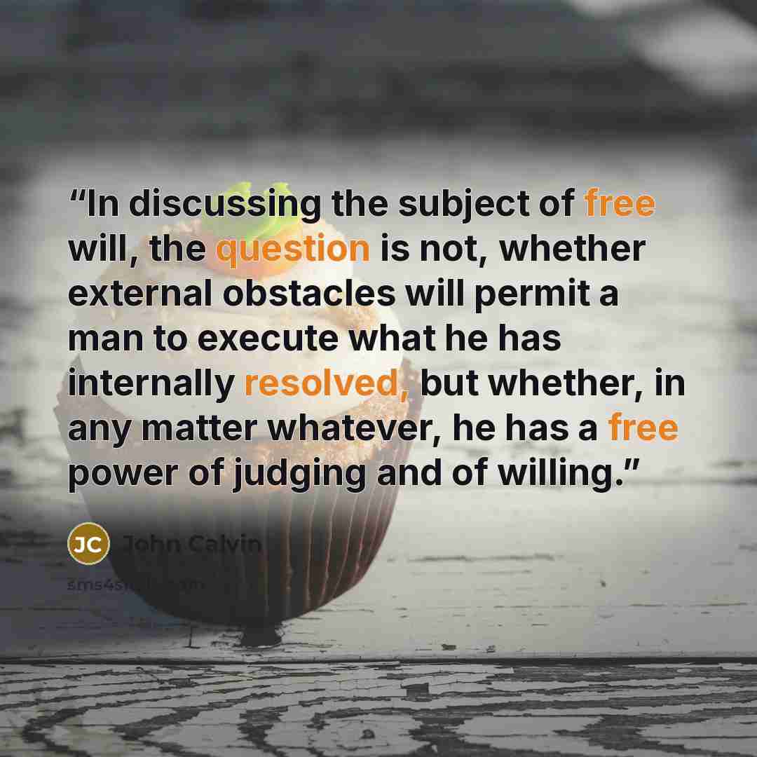 “In discussing the subject of free will, the question is not, whether external obstacles will permit a man to execute what he has internally resolved, but whether, in any matter whatever, he has a free power of judging and of willing.” quote by John Calvin