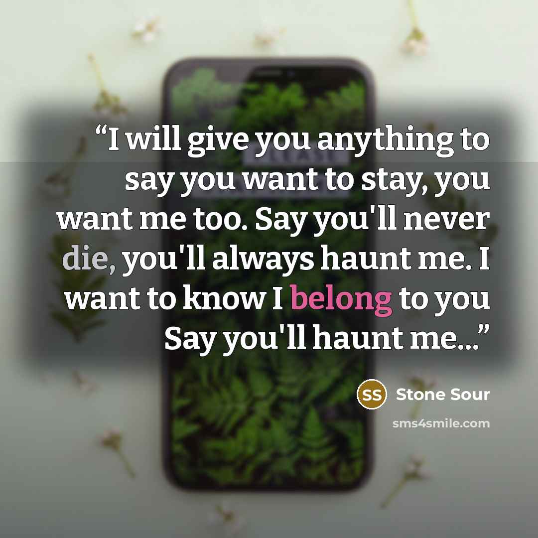 “I will give you anything to say you want to stay, you want me too. Say you'll never die, you'll always haunt me. I want to know I belong to you Say you'll haunt me...” quote by Stone Sour
