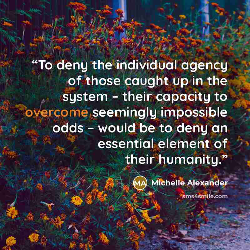 “To deny the individual agency of those caught up in the system – their capacity to overcome seemingly impossible odds – would be to deny an essential element of their humanity.” quote by Michelle Alexander