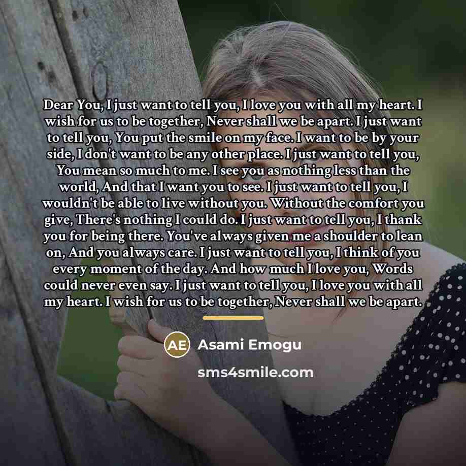 “Dear You, I just want to tell you, I love…” quote by Asami Emogu