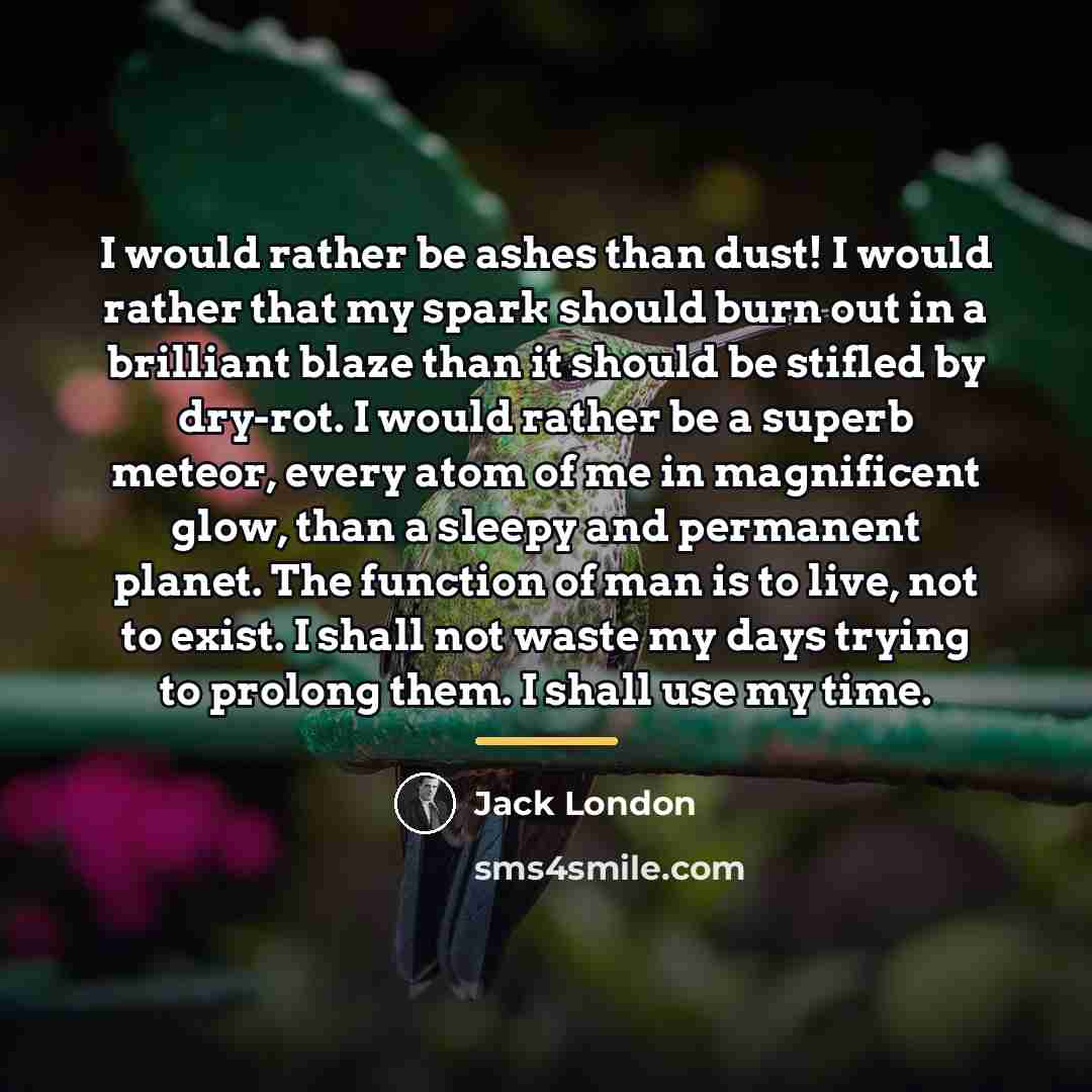 “I would rather be ashes than dust! I would rather…” quote by Jack London