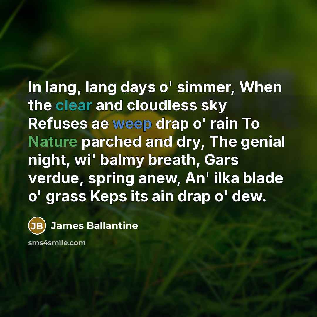“In lang, lang days o' simmer, When the clear and cloudless sky Refuses ae weep drap o' rain To Nature parched and dry, The genial night, wi' balmy breath, Gars verdue, spring anew, An' ilka blade o' grass Keps its ain drap o' dew.” quote by James Ballantine