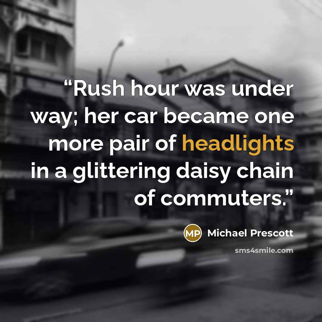 “Rush hour was under way; her car became one more pair of headlights in a glittering daisy chain of commuters.” quote by Michael Prescott