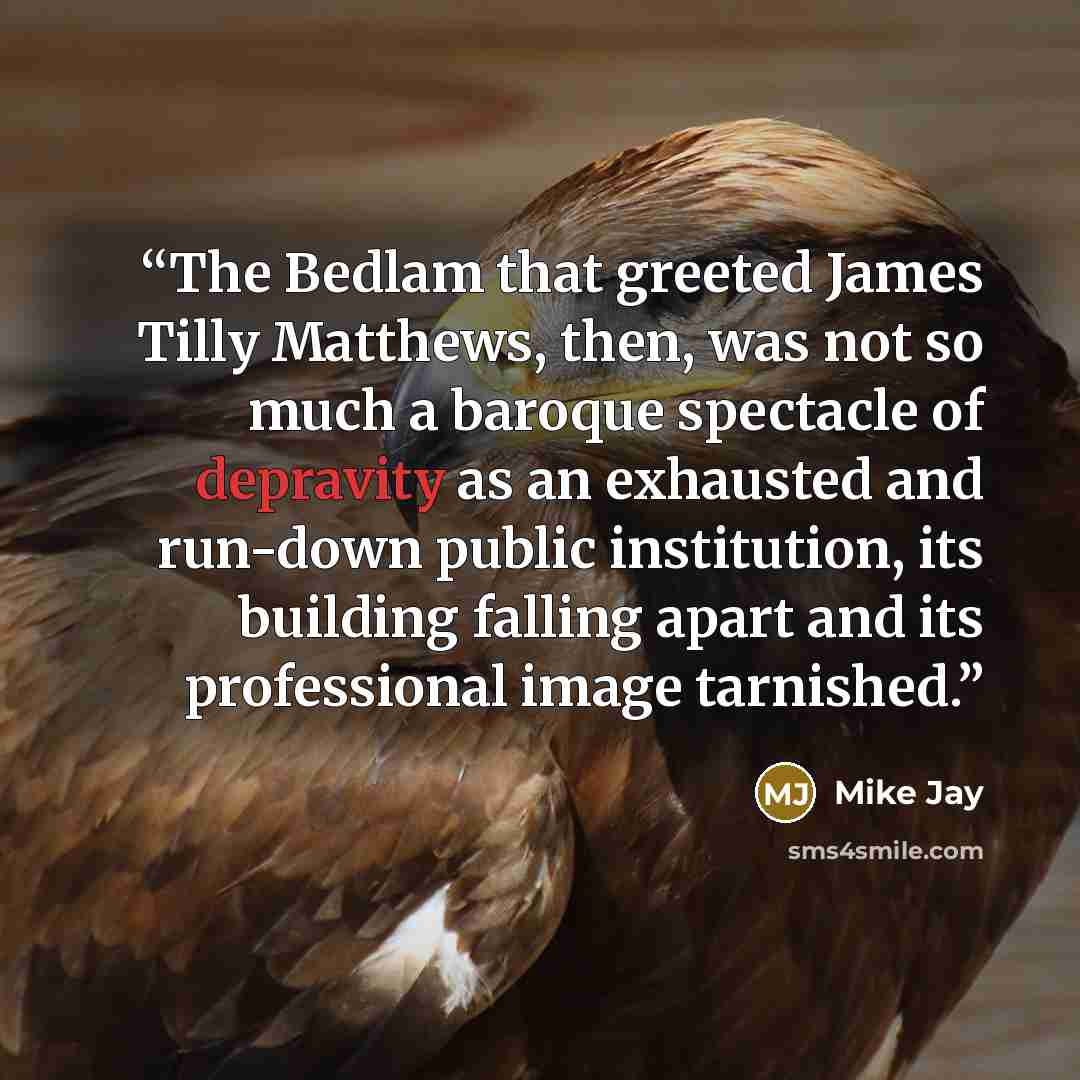 “The Bedlam that greeted James Tilly Matthews, then, was not so much a baroque spectacle of depravity as an exhausted and run-down public institution, its building falling apart and its professional image tarnished.” quote by Mike Jay