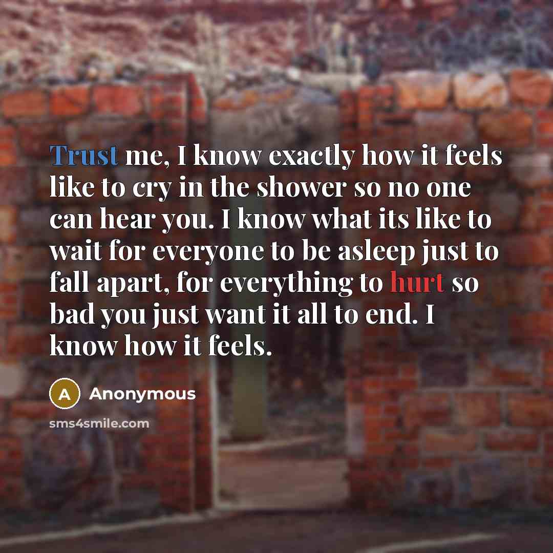 “Trust me, I know exactly how it feels like to cry in the shower so no one can hear you. I know what its like to wait for everyone to be asleep just to fall apart, for everything to hurt so bad you just want it all to end. I know how it feels.” quote by Anonymous