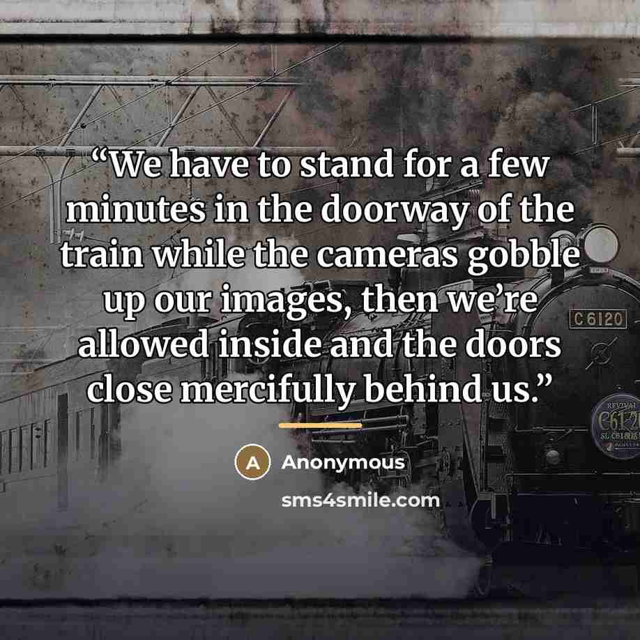“We have to stand for a few minutes in the doorway of the train while the cameras gobble up our images, then we’re allowed inside and the doors close mercifully behind us.” quote by Anonymous