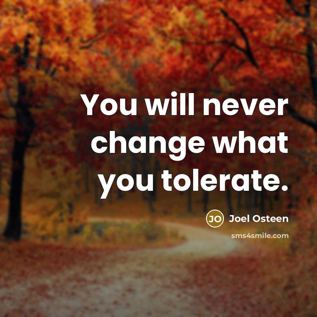 “You will never change what you tolerate.…” quote by Joel Osteen