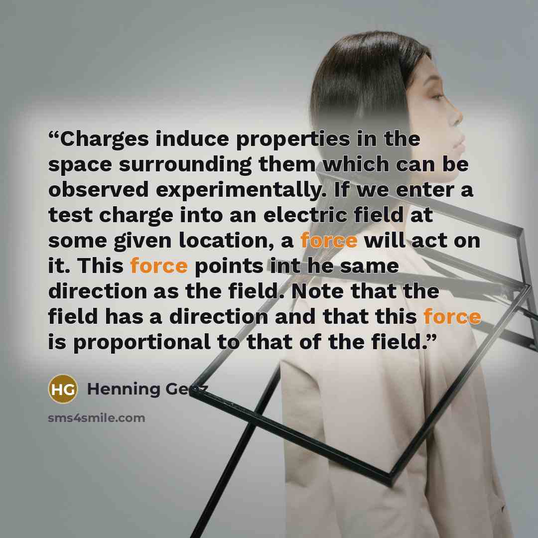 “Charges induce properties in the space surrounding them which can be observed experimentally. If we enter a test charge into an electric field at some given location, a force will act on it. This force points int he same direction as the field. Note that the field has a direction and that this…” quote by Henning Genz