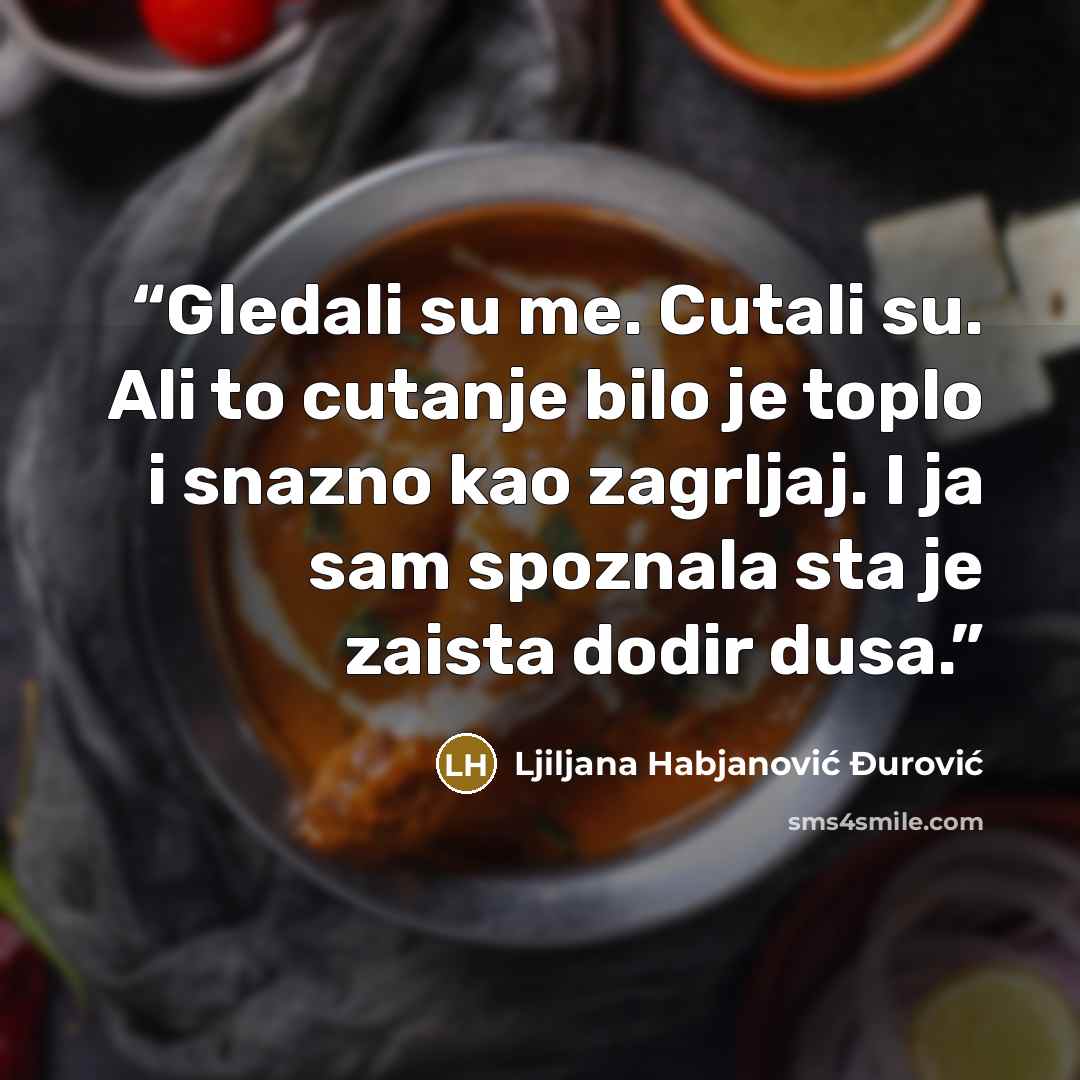 “Gledali su me. Cutali su. Ali to cutanje bilo je toplo i snazno kao zagrljaj. I ja sam spoznala sta je zaista dodir dusa.” quote by Ljiljana Habjanović Đurović