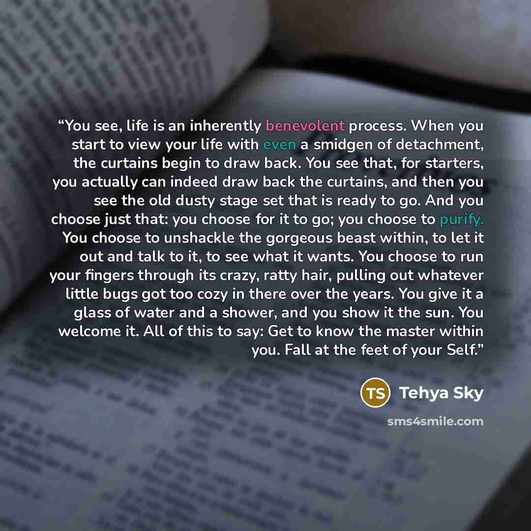 “You see, life is an inherently benevolent process. When you start to view your life with even a smidgen of detachment, the curtains begin to draw back. You see that, for starters, you actually can indeed draw back the curtains, and then you see the old dusty stage set that is ready to go. And you…” quote by Tehya Sky