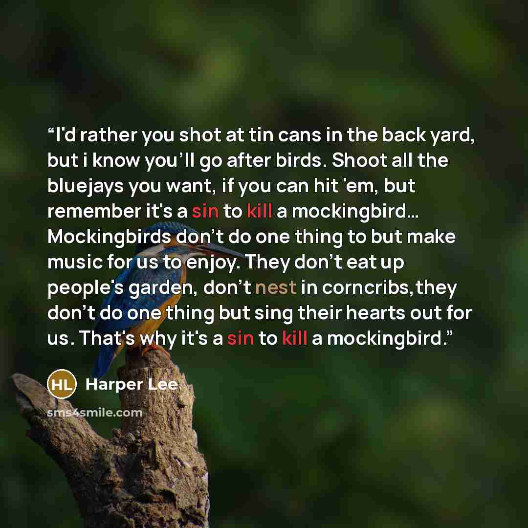 “I'd rather you shot at tin cans in the back yard, but i know you'll go after birds. Shoot all the bluejays you want, if you can hit 'em, but remember it's a sin to kill a mockingbird… Mockingbirds don't do one thing to but make music for us to enjoy. They don't eat up people's garden, don't nest…” quote by Harper Lee