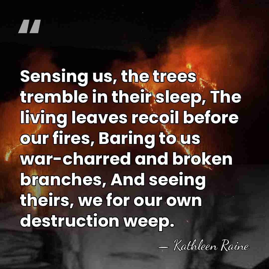 Sensing us, the trees tremble in their sleep, The living leaves recoil&hellip; - Kathleen Raine