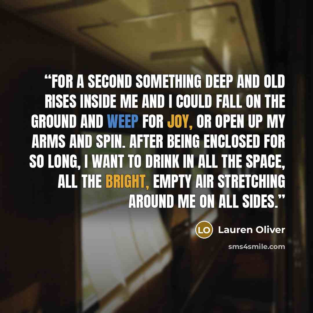 “For a second something deep and old rises inside me and I could fall on the ground and weep for joy, or open up my arms and spin. After being enclosed for so long, I want to drink in all the space, all the bright, empty air stretching around me on all sides.” quote by Lauren Oliver