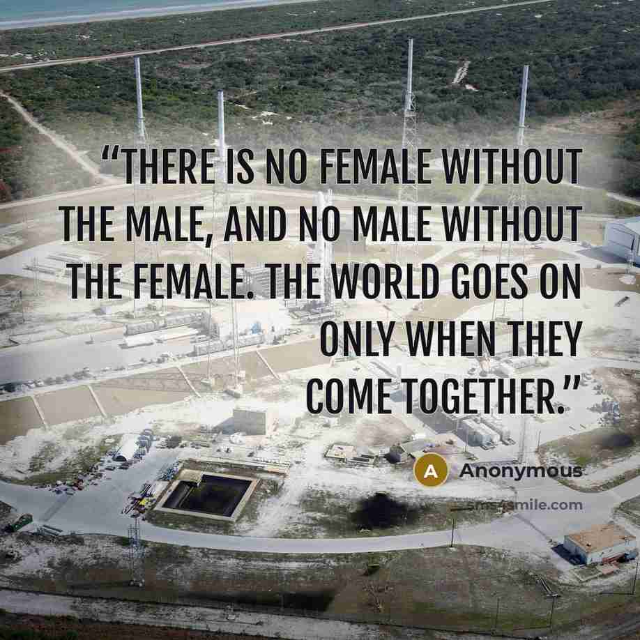 “There is no female without the male, and no male without the female. The world goes on only when they come together.” quote by Anonymous