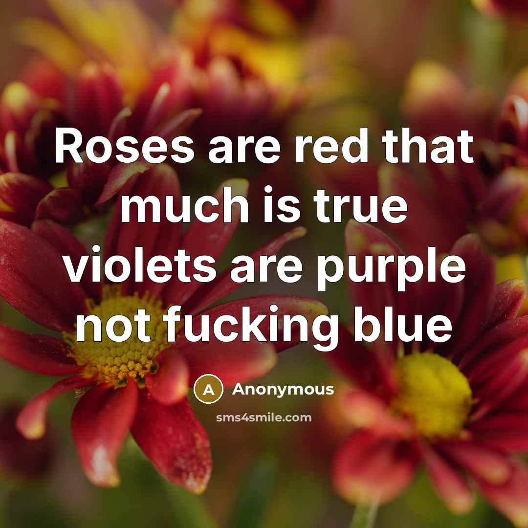 “Roses are red that much is true violets are purple not fucking blue” quote by Anonymous