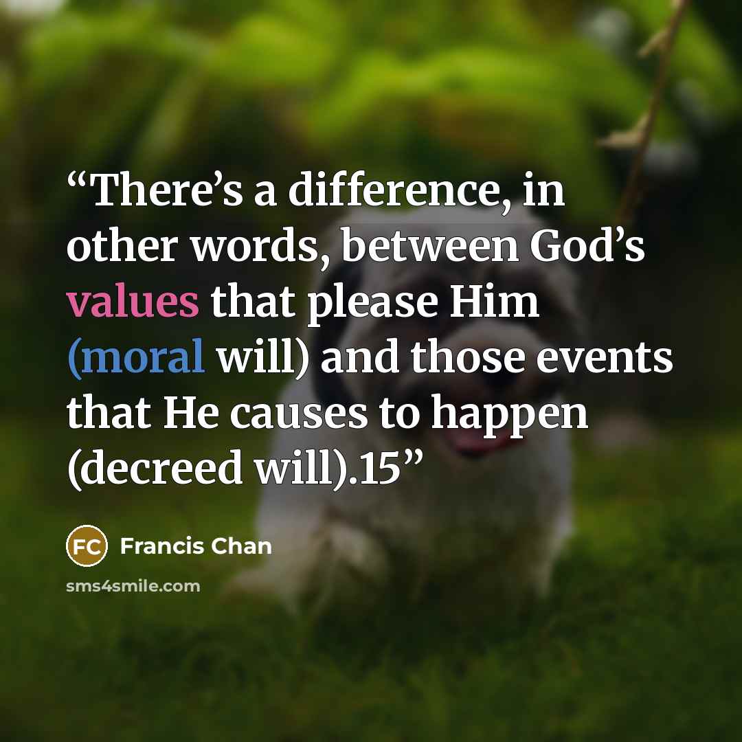 “There’s a difference, in other words, between God’s values that please Him (moral will) and those events that He causes to happen (decreed will).15” quote by Francis Chan