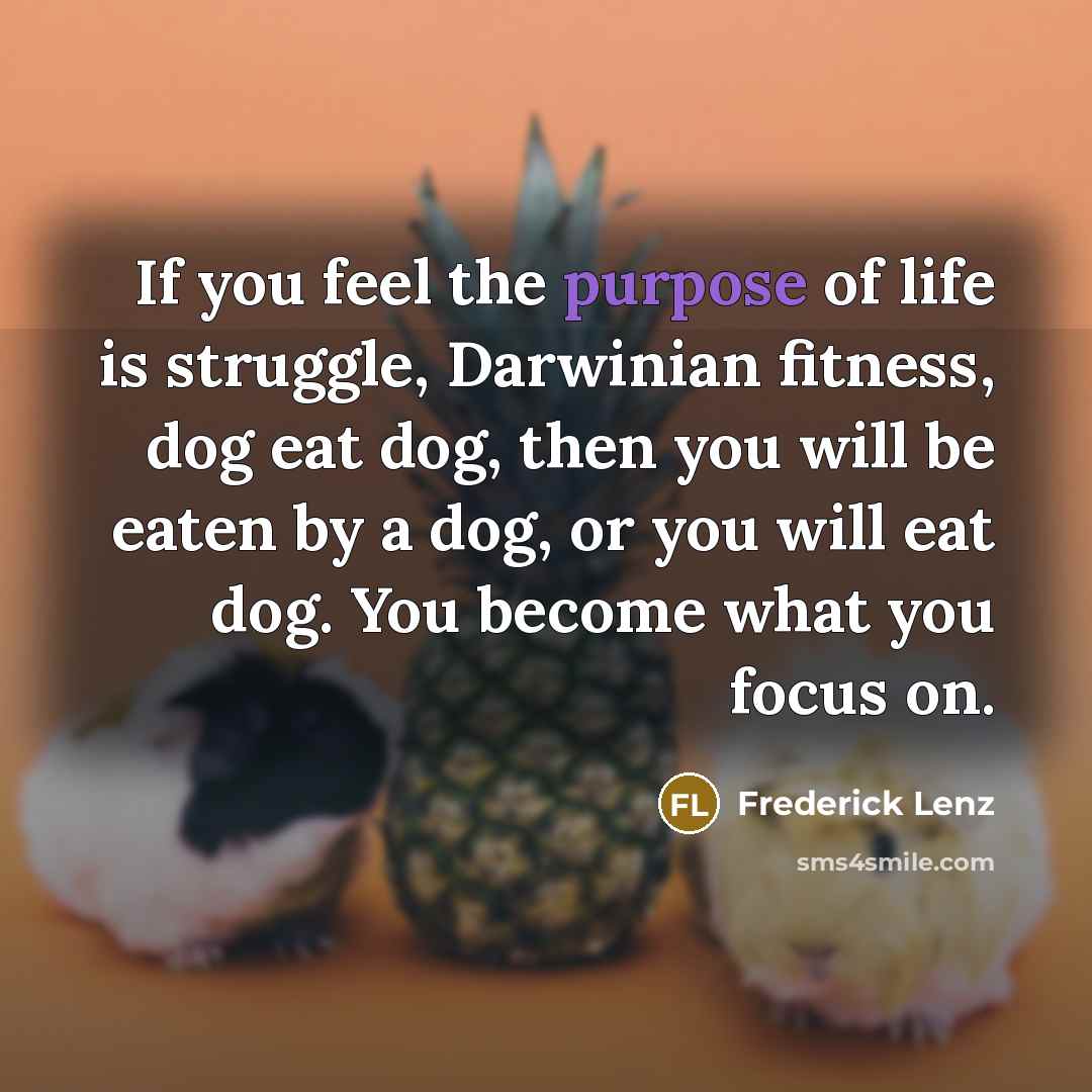 “If you feel the purpose of life is struggle, Darwinian fitness, dog eat dog, then you will be eaten by a dog, or you will eat dog. You become what you focus on.” quote by Frederick Lenz