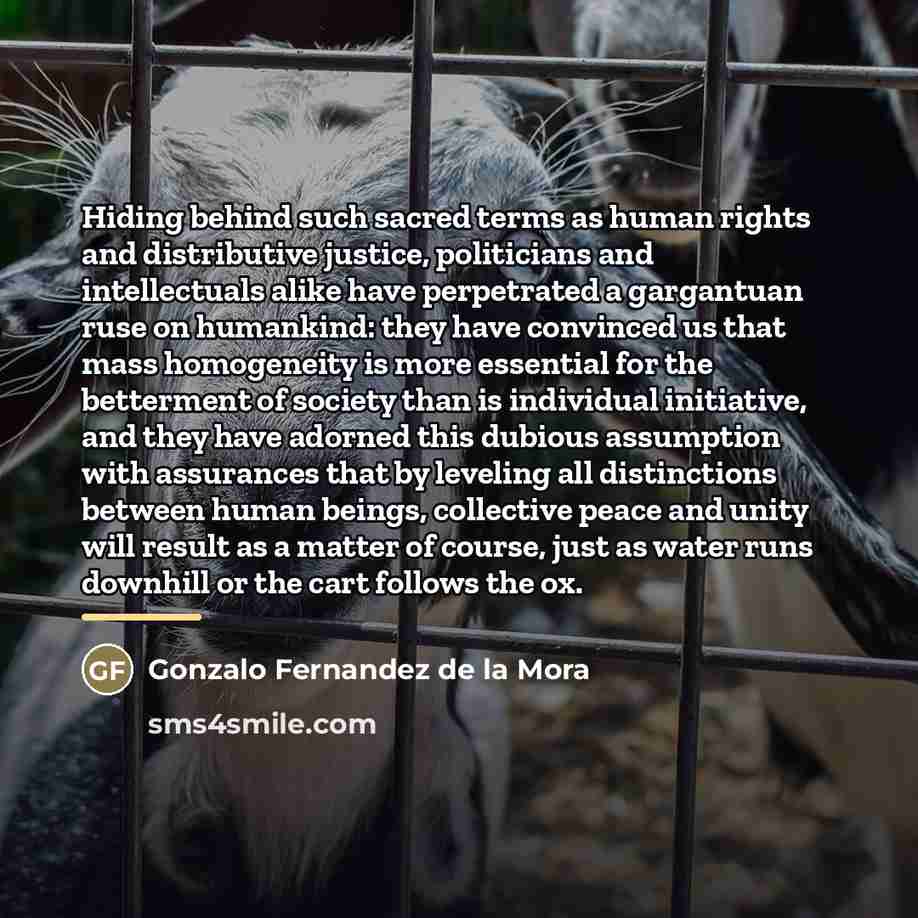 “Hiding behind such sacred terms as human rights and distributive…” quote by Gonzalo Fernandez de la Mora