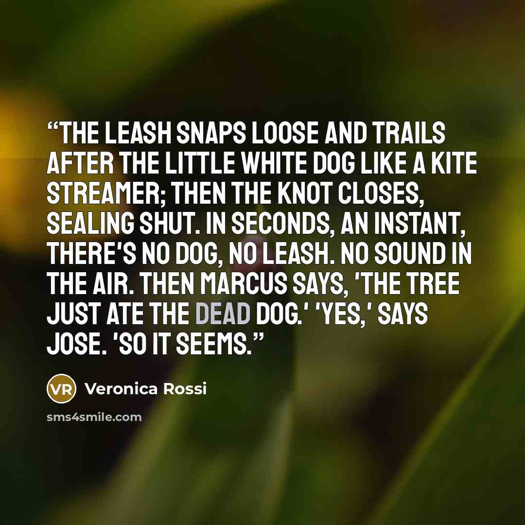 “The leash snaps loose and trails after the little white dog like a kite streamer; then the knot closes, sealing shut. In seconds, an instant, there's no dog, no leash. No sound in the air. Then Marcus says, 'The tree just ate the dead dog.' 'Yes,' says Jose. 'So it seems.” quote by Veronica Rossi