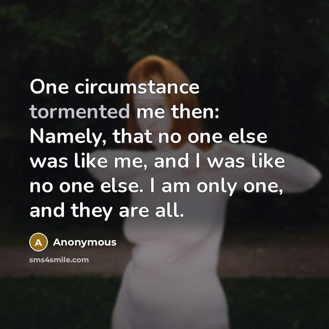 “One circumstance tormented me then: Namely, that no one else was like me, and I was like no one else. I am only one, and they are all.” quote by Anonymous