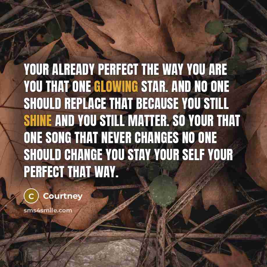 “Your already perfect the way you are you that one glowing star. And no one should replace that because you still shine and you still matter. So your that one song that never changes no one should change you stay your self your perfect that way.” quote by Courtney