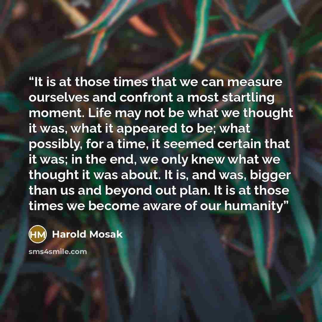“It is at those times that we can measure ourselves and confront a most startling moment. Life may not be what we thought it was, what it appeared to be; what possibly, for a time, it seemed certain that it was; in the end, we only knew what we thought it was about. It is, and was, bigger than us…” quote by Harold Mosak
