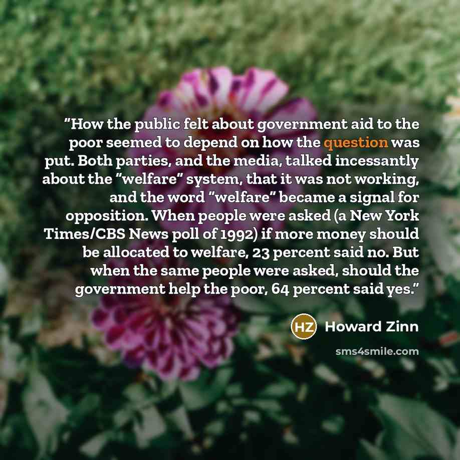 “How the public felt about government aid to the poor seemed to depend on how the question was put. Both parties, and the media, talked incessantly about the “welfare” system, that it was not working, and the word “welfare” became a signal for opposition. When people were asked (a New York…” quote by Howard Zinn