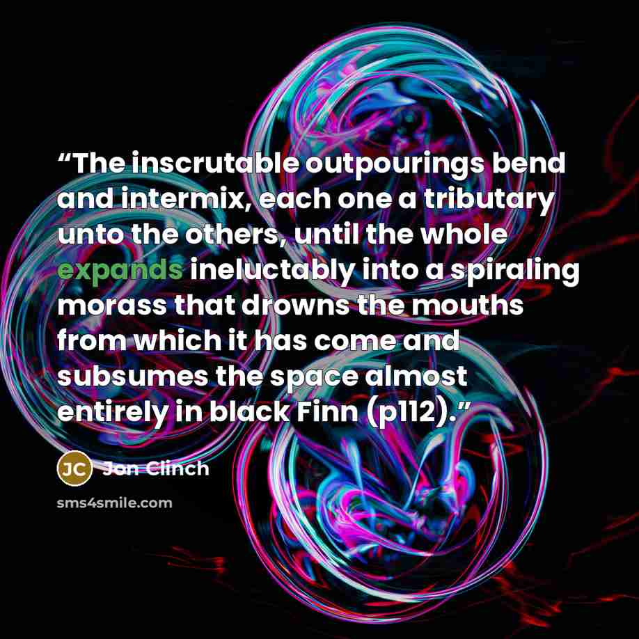 “The inscrutable outpourings bend and intermix, each one a tributary unto the others, until the whole expands ineluctably into a spiraling morass that drowns the mouths from which it has come and subsumes the space almost entirely in black Finn (p112).” quote by Jon Clinch