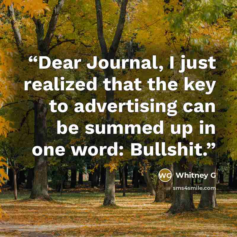 “Dear Journal, I just realized that the key to advertising can be summed up in one word: Bullshit.” quote by Whitney G