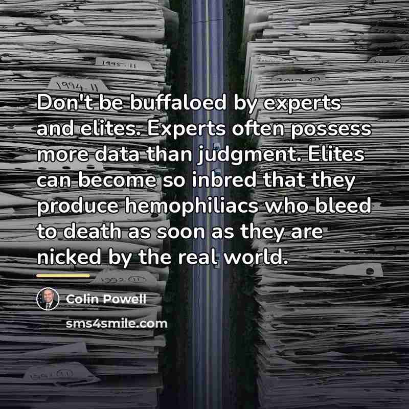 “Don't be buffaloed by experts and elites. Experts often possess…” quote by Colin Powell