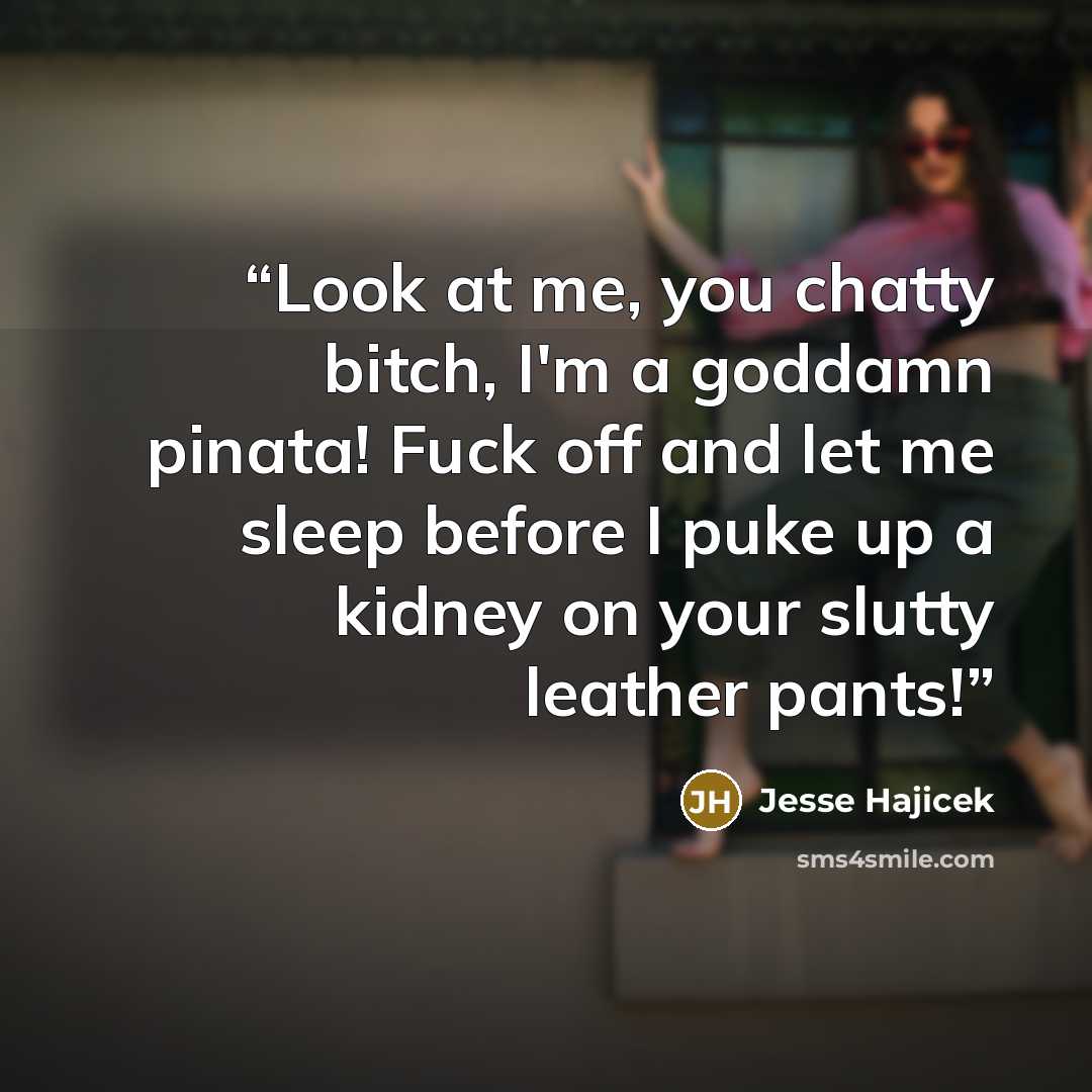 “Look at me, you chatty bitch, I'm a goddamn pinata! Fuck off and let me sleep before I puke up a kidney on your slutty leather pants!” quote by Jesse Hajicek