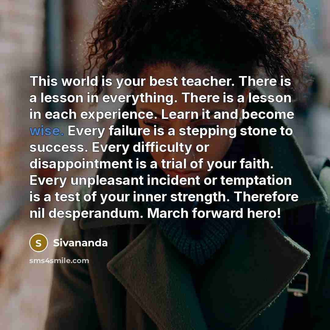 “This world is your best teacher. There is a lesson…” quote by Sivananda