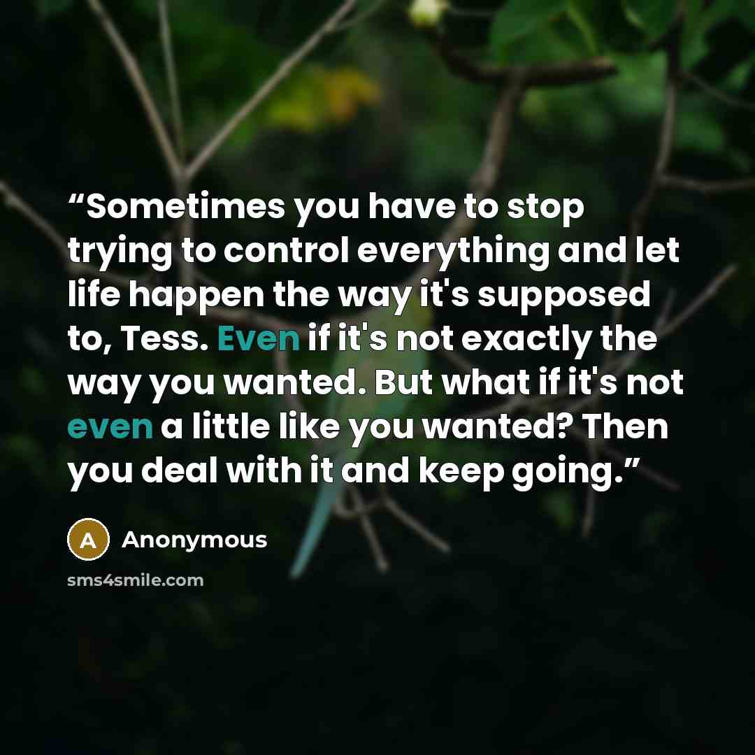 “Sometimes you have to stop trying to control everything and let life happen the way it's supposed to, Tess. Even if it's not exactly the way you wanted. But what if it's not even a little like you wanted? Then you deal with it and keep going.” quote by Anonymous