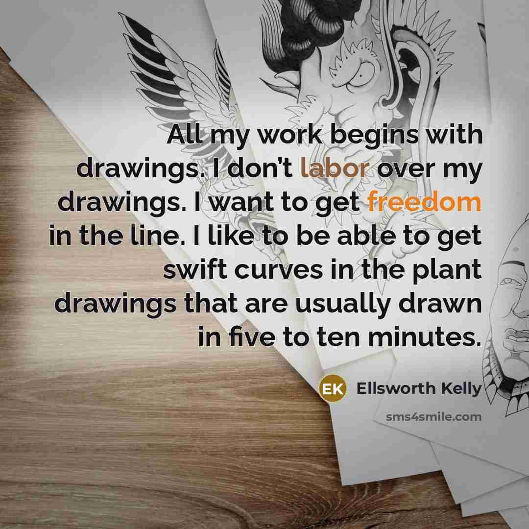 “All my work begins with drawings. I don’t labor over my drawings. I want to get freedom in the line. I like to be able to get swift curves in the plant drawings that are usually drawn in five to ten minutes.” quote by Ellsworth Kelly
