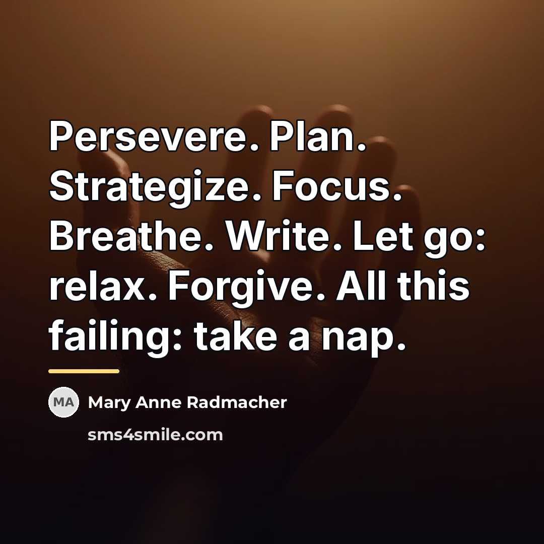 “Persevere. Plan. Strategize. Focus. Breathe. Write. Let go: relax. Forgive.…” quote by Mary Anne Radmacher
