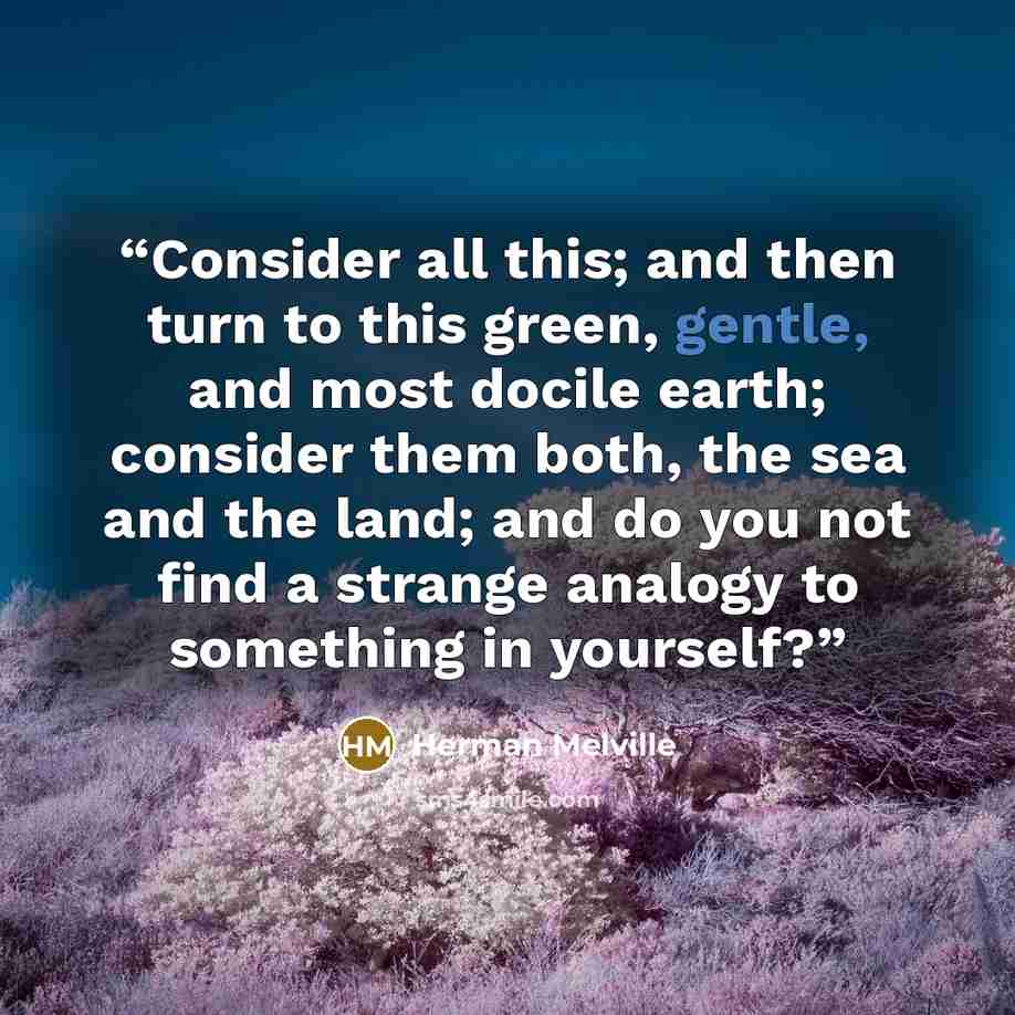 “Consider all this; and then turn to this green, gentle, and most docile earth; consider them both, the sea and the land; and do you not find a strange analogy to something in yourself?” quote by Herman Melville