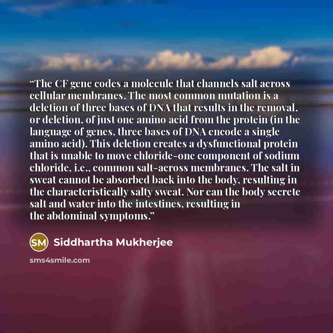 “The CF gene codes a molecule that channels salt across cellular membranes. The most common mutation is a deletion of three bases of DNA that results in the removal, or deletion, of just one amino acid from the protein (in the language of genes, three bases of DNA encode a single amino acid). This…” quote by Siddhartha Mukherjee